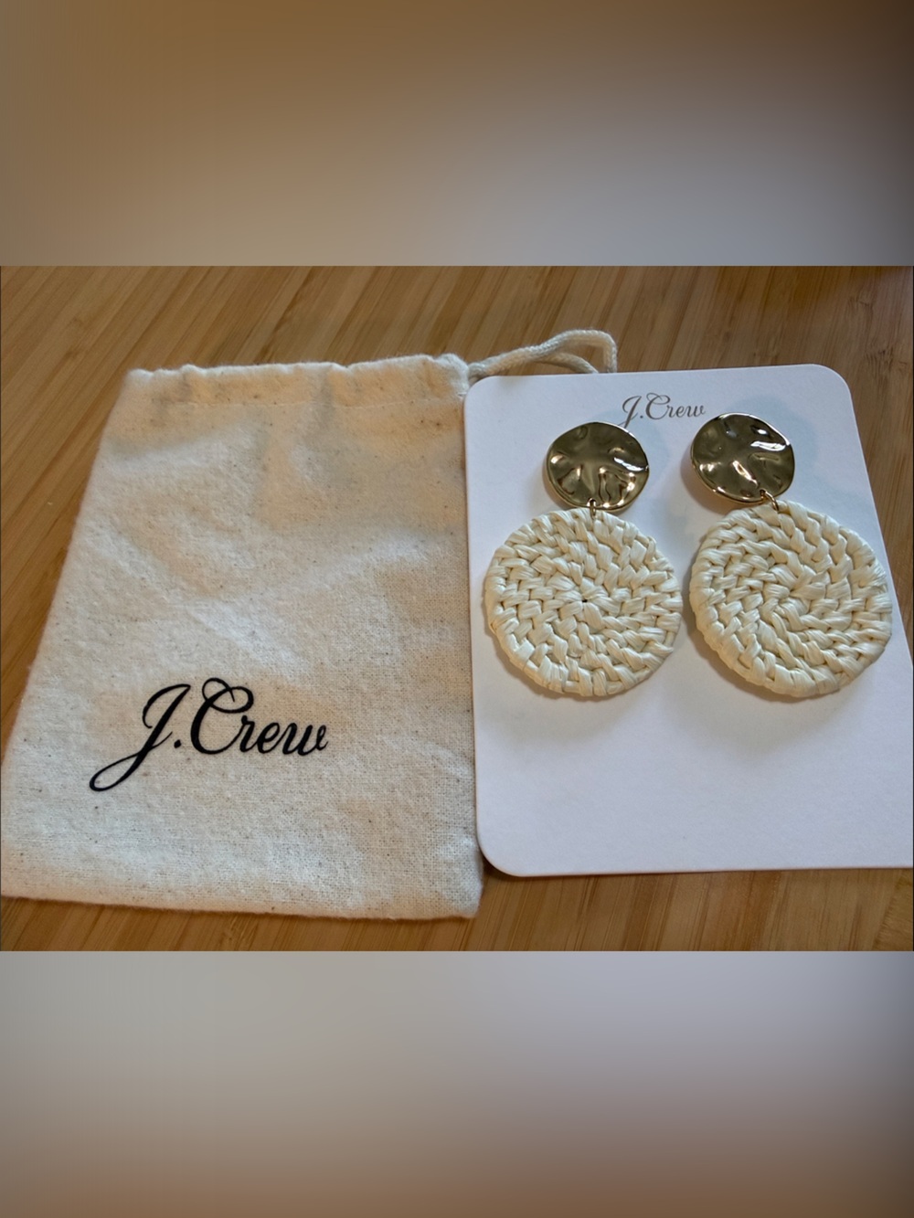 JCrew Metal-and-Raffia disc earrings Ivory